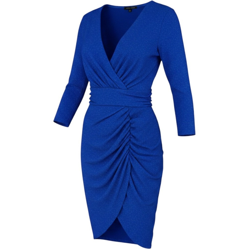 Symphony Ruched Wrap Cocktail Dress Womens 8 Royal Blue Metallic Shimmer Party